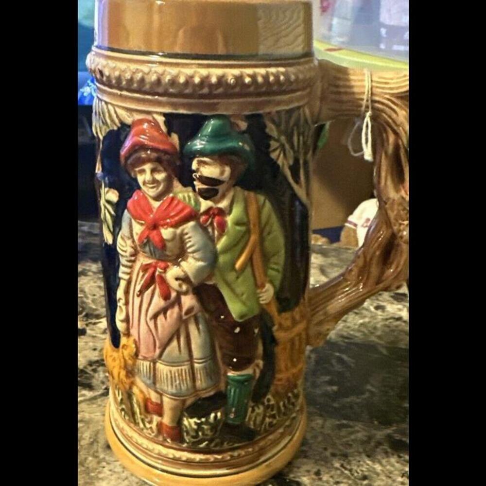 Vintage Beer Drinking Stein Man Woman Dog Walking Made In Japan